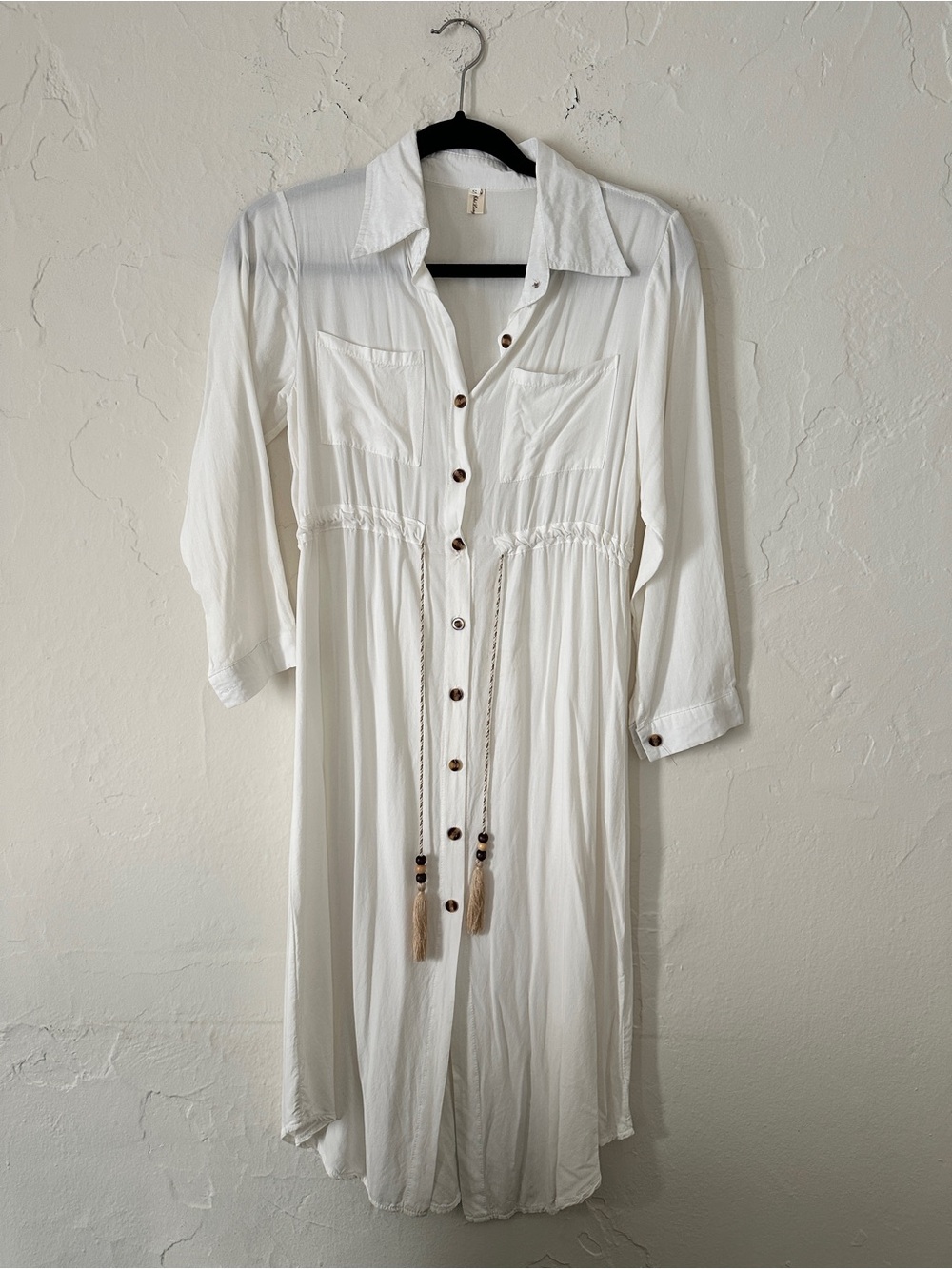 Shi Long Fashion White Button-Front Shirt Dress with Gold and Brown Tassel Tie